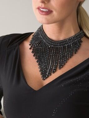 White House Black Market Black Tassel Fringe Statement Necklace